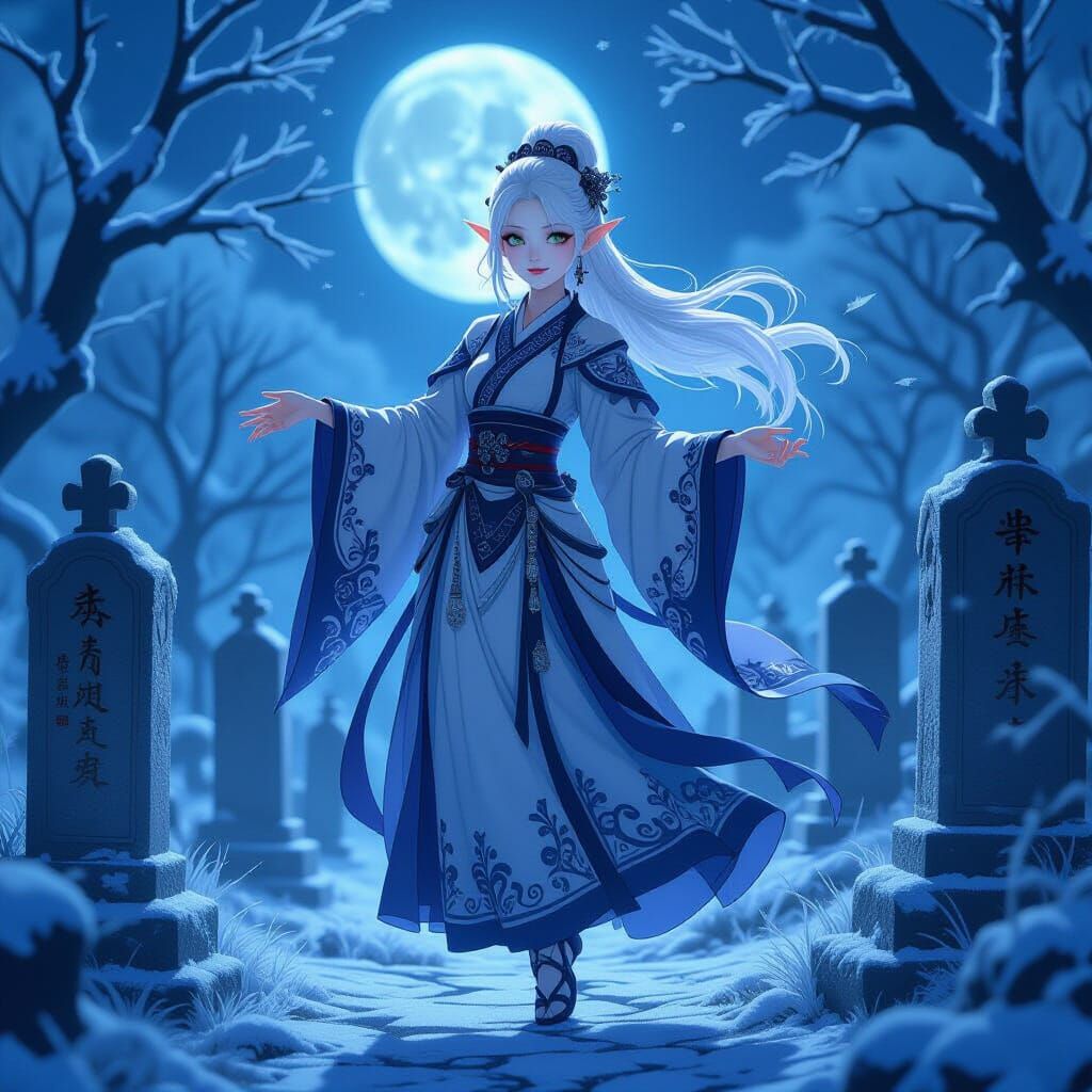 Frost Elf in Graveyard, Anime Style