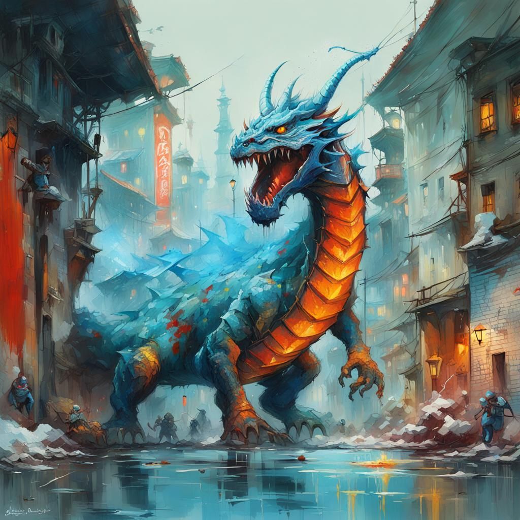 Icy Blue Dragon in Graffiti Art Style