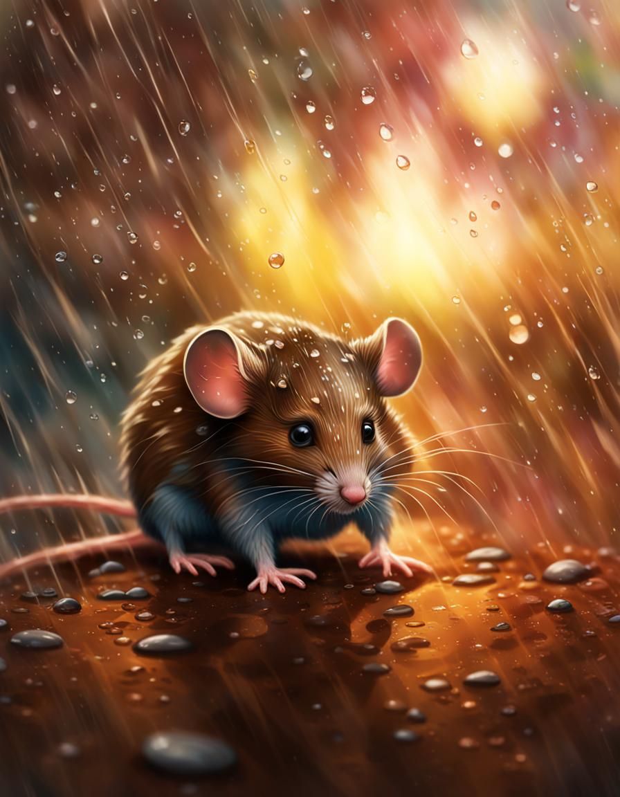 Sad Mouse Lost in Rainy Splash Art Style