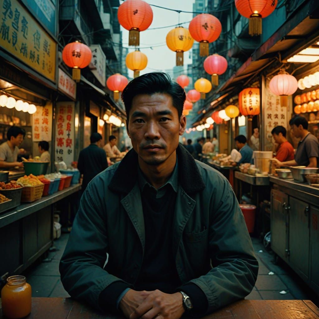 Ethereal Portrait of an Asian Man in Front of a Bustling Asi...
