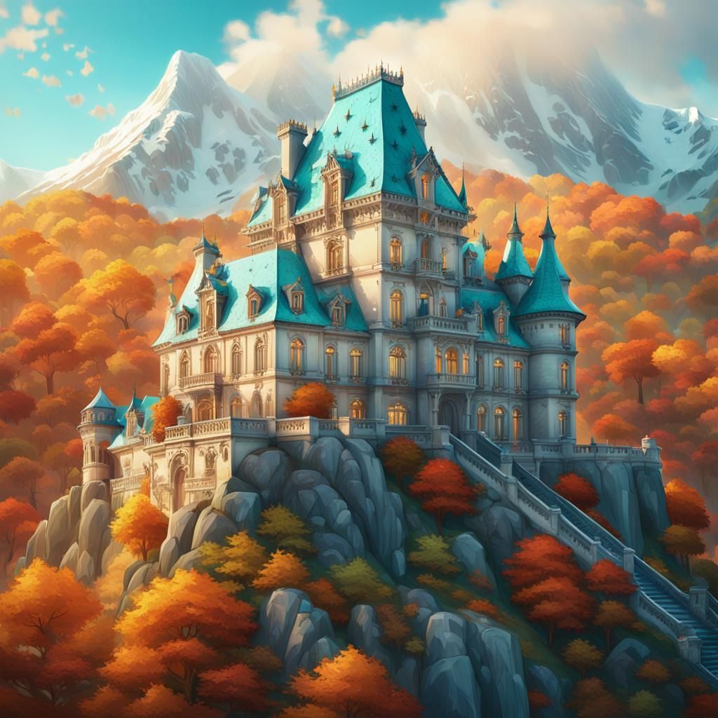 Fantasy Chateau in Autumn Landscape, Detailed Matte Painting