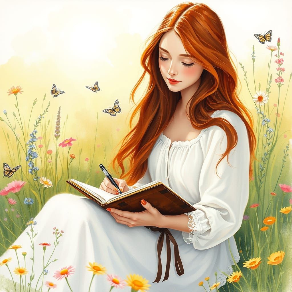 Woman Sketching in Meadow, Delicate Watercolor Painting