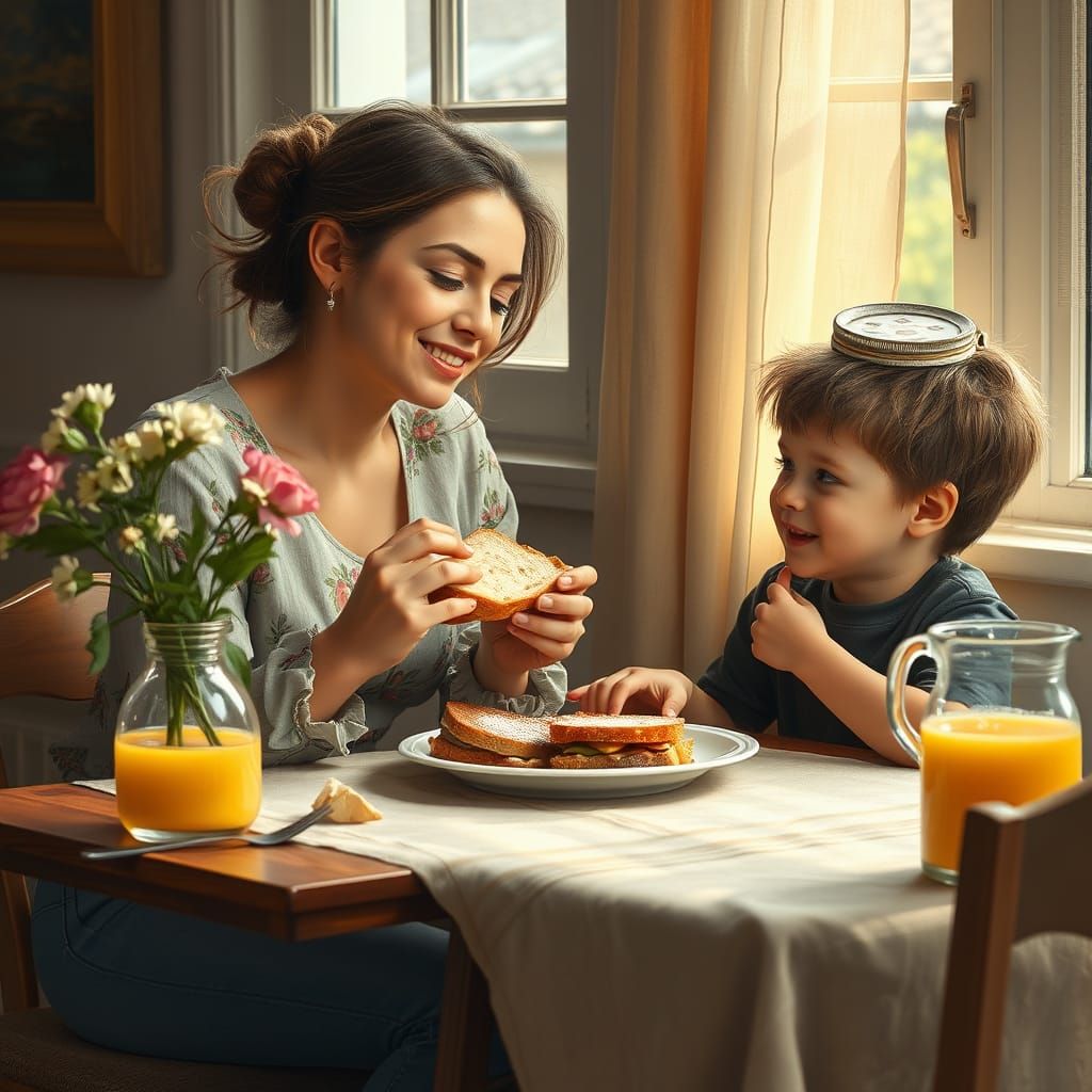 Mother and Son Share a Cozy Lunch Together