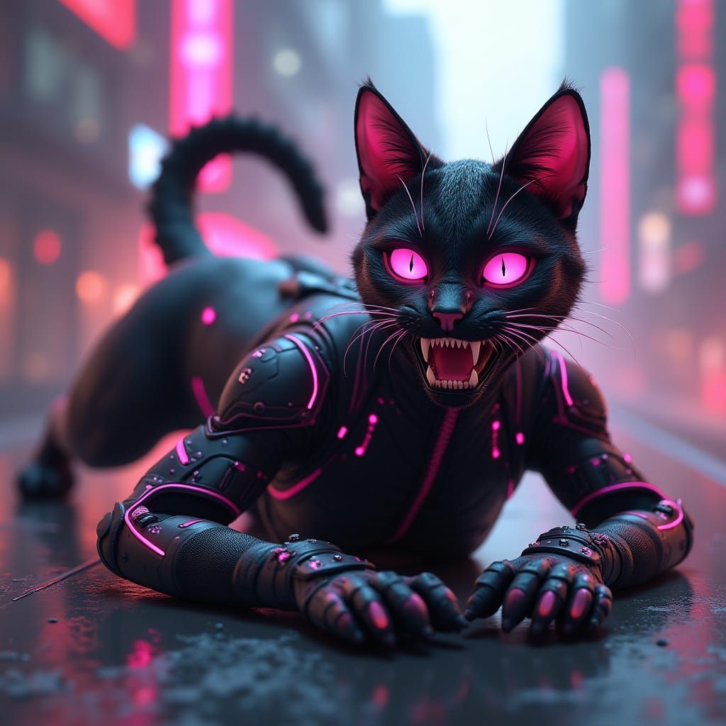 Cyberpunk Catwoman with Neon Jumpsuit in a Futuristic City