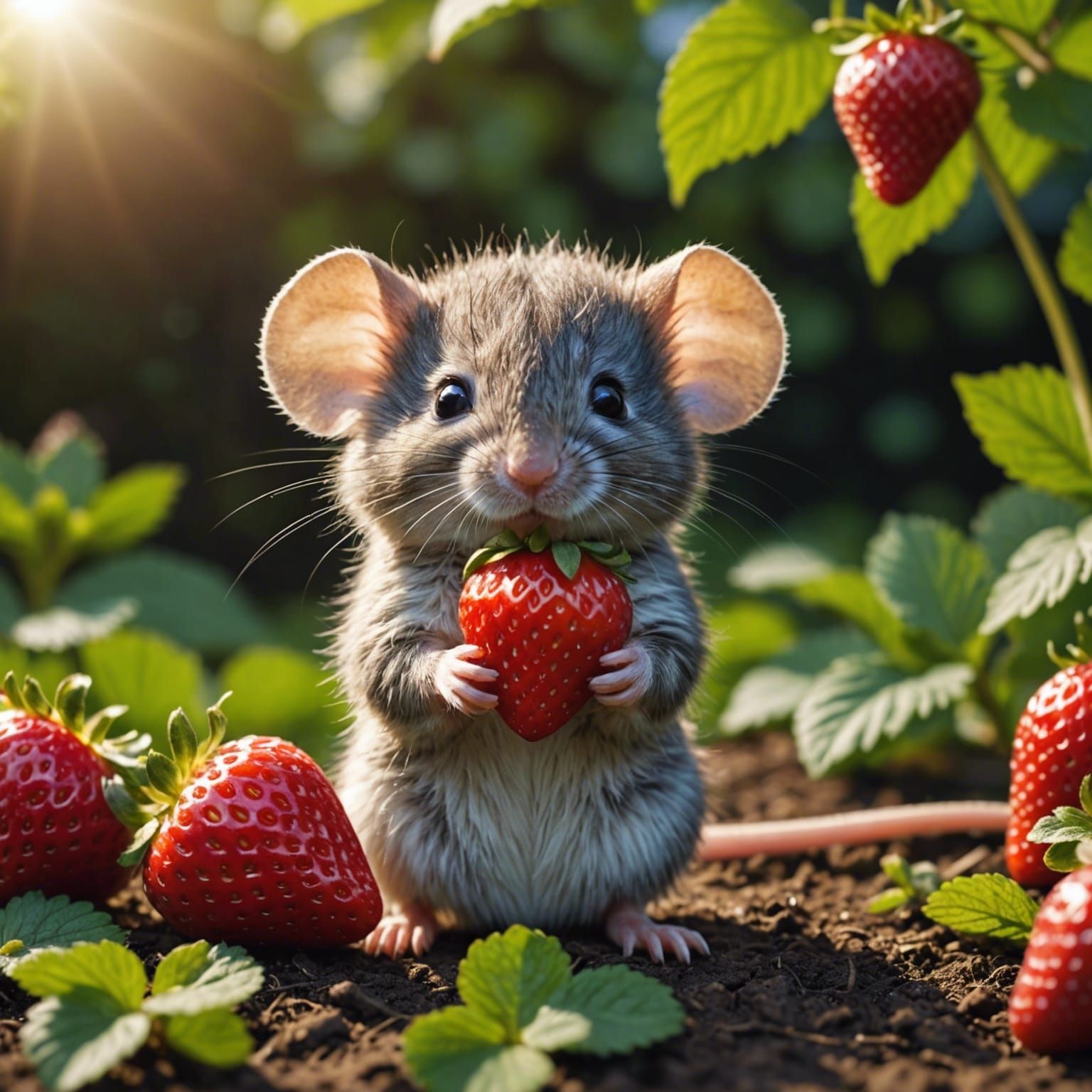 Cute Chibi Mouse Enjoys Strawberry in Garden