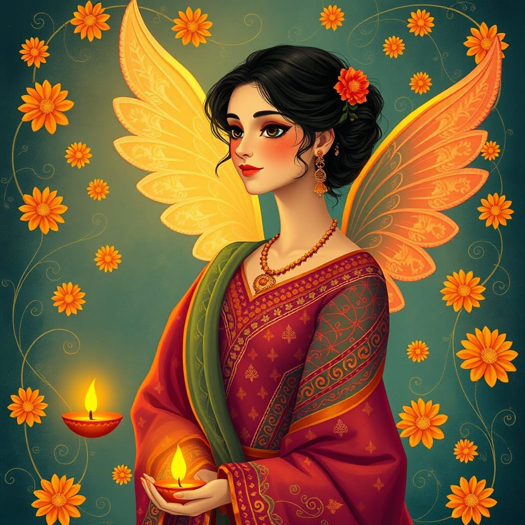 Whimsical Diwali Goddess with Delicate Wings and Floral Patt...
