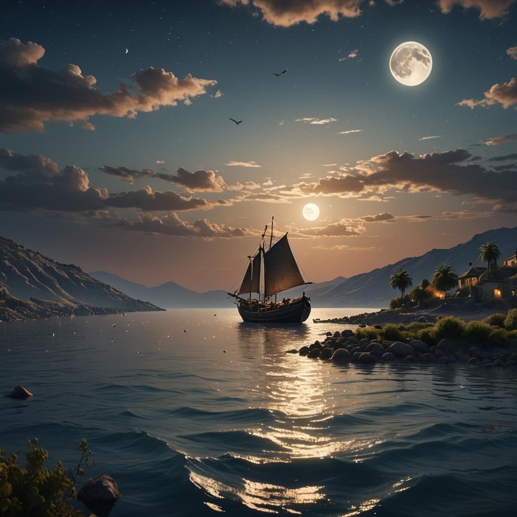 Moonlit Boat on the Sea of Galilee