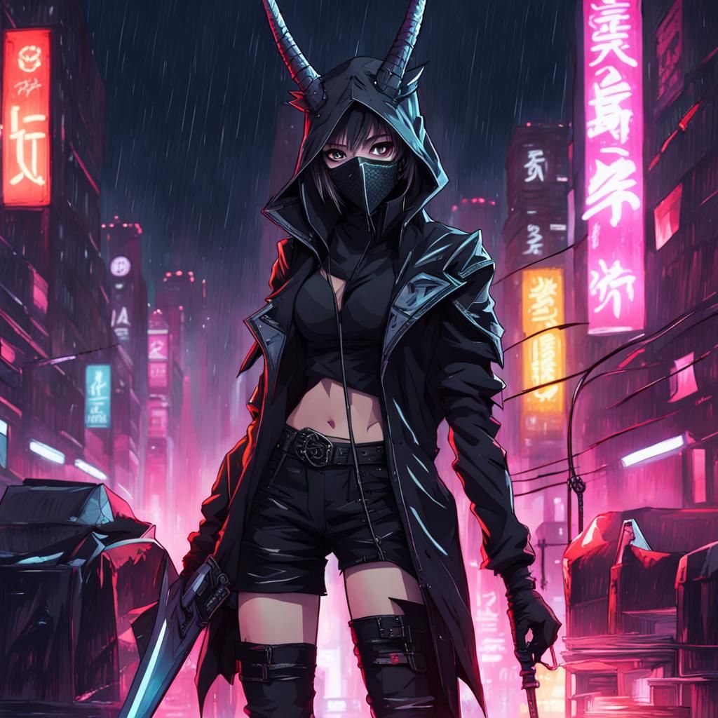 Anime Assassin in a Neon Cityscape
