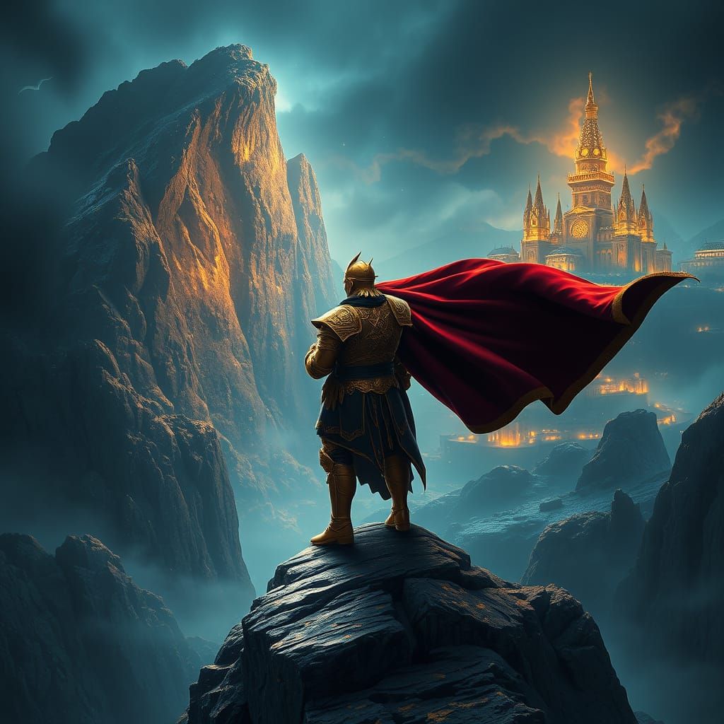 Regal Warrior-King on Windswept Cliffside, Golden Armor Shin...