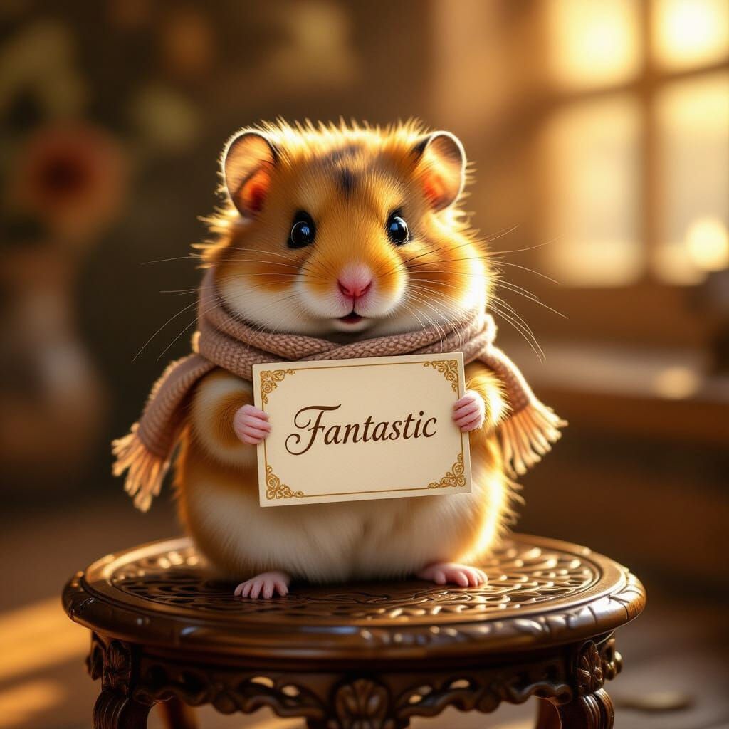 Hamster with 'Fantastic' Card in Art Nouveau Style
