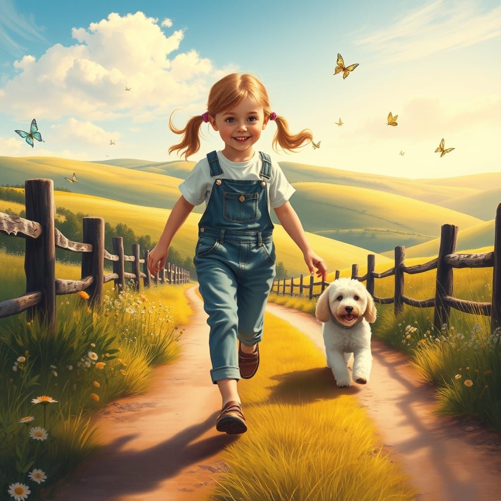 Girl and Poodle in Whimsical Countryside
