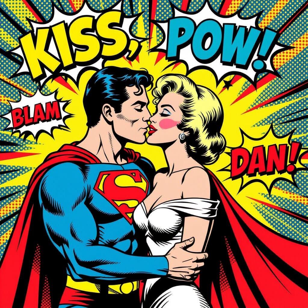 Superman and Marilyn Monroe Kiss in Pop Art Style