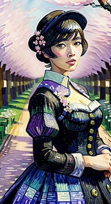 Cherry Blossom Orchard Lady in Post-Impressionist Style