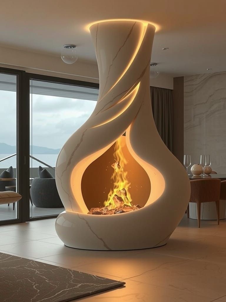 Luxury Ocean View Interior with Gemstone Fireplace