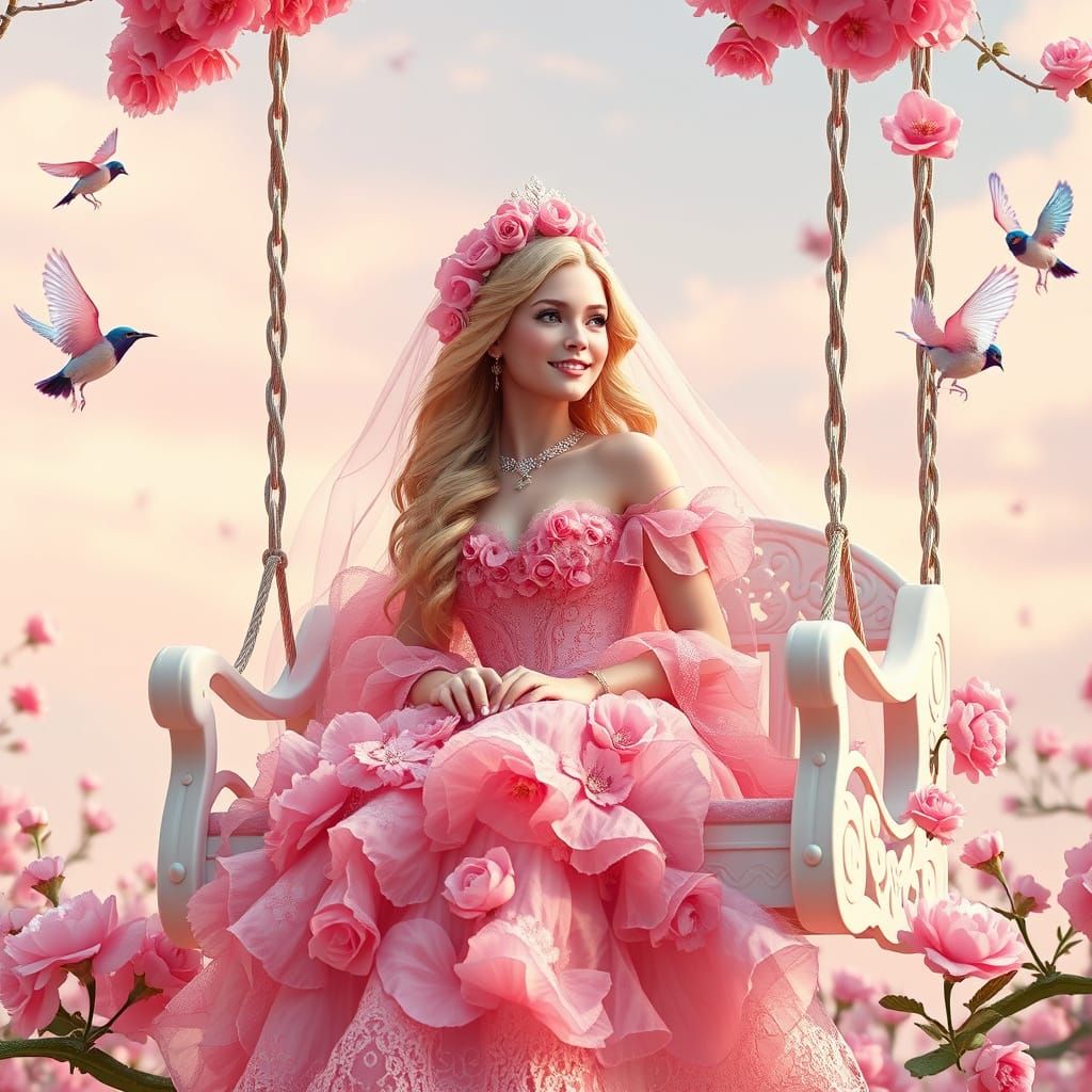 Whimsical Princess on a Vintage Swing in a Dreamlike Floral ...