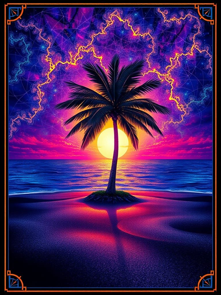 Neon Palm on Black Sand Beach in Fractal Cosmos