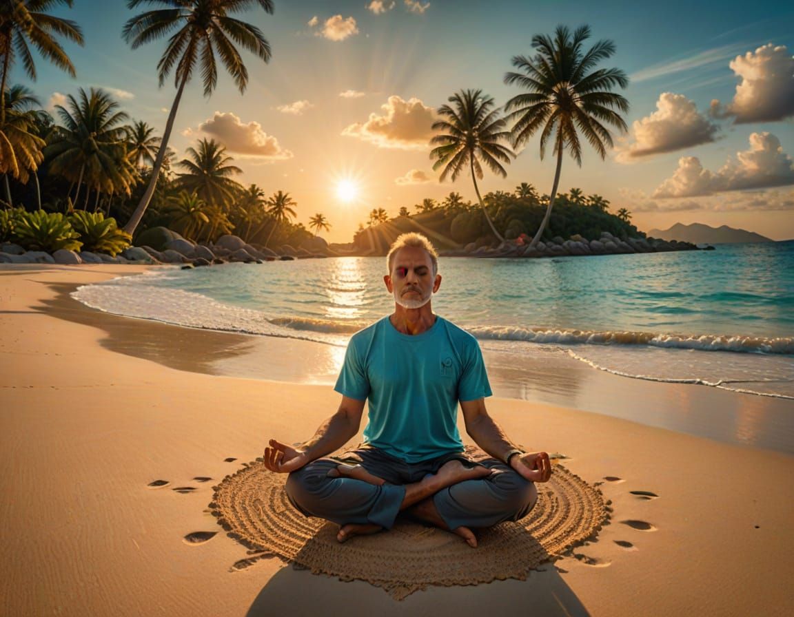 Man Meditating on Tropical Beach at Golden Hour