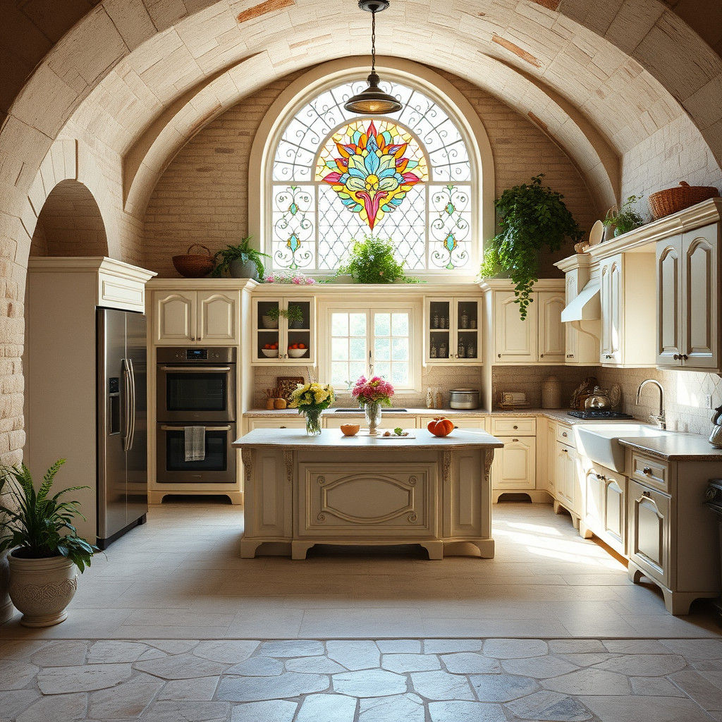 Elegant French Cottage Kitchen with Stained Glass