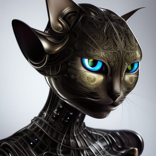 Mechanical Cat Android in Detailed Digital Painting