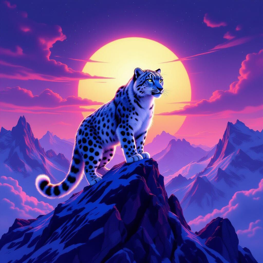 Cosmic Snow Leopard on Alien Peak Under Binary Sunset