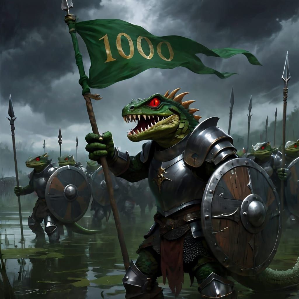 Lizardman Warrior Celebrates 1000 Followers in Swamp
