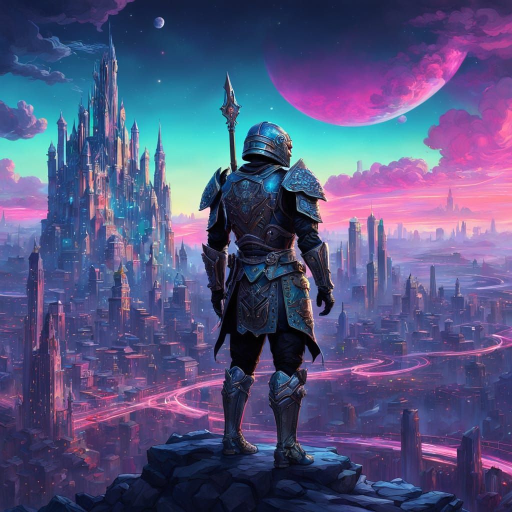 Heroic Fantasy Knight in Neon Armor Against Vibrant Aurora S...