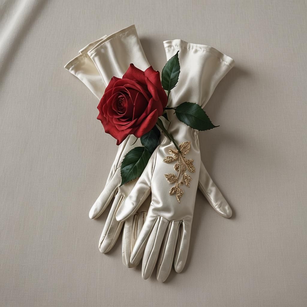 Blood Red Rose on Ivory Silk Gloves