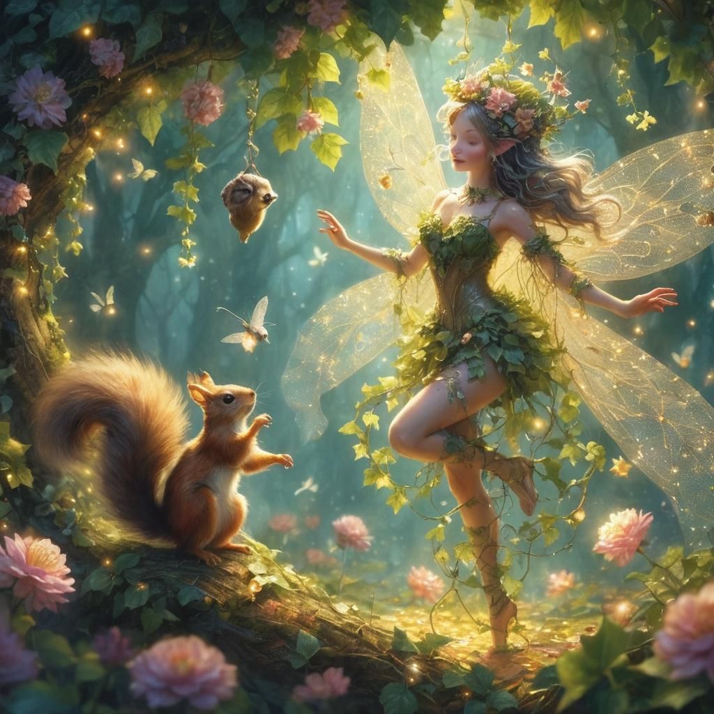 A graceful fairy adorned with shimmering ivy vines dancing u...