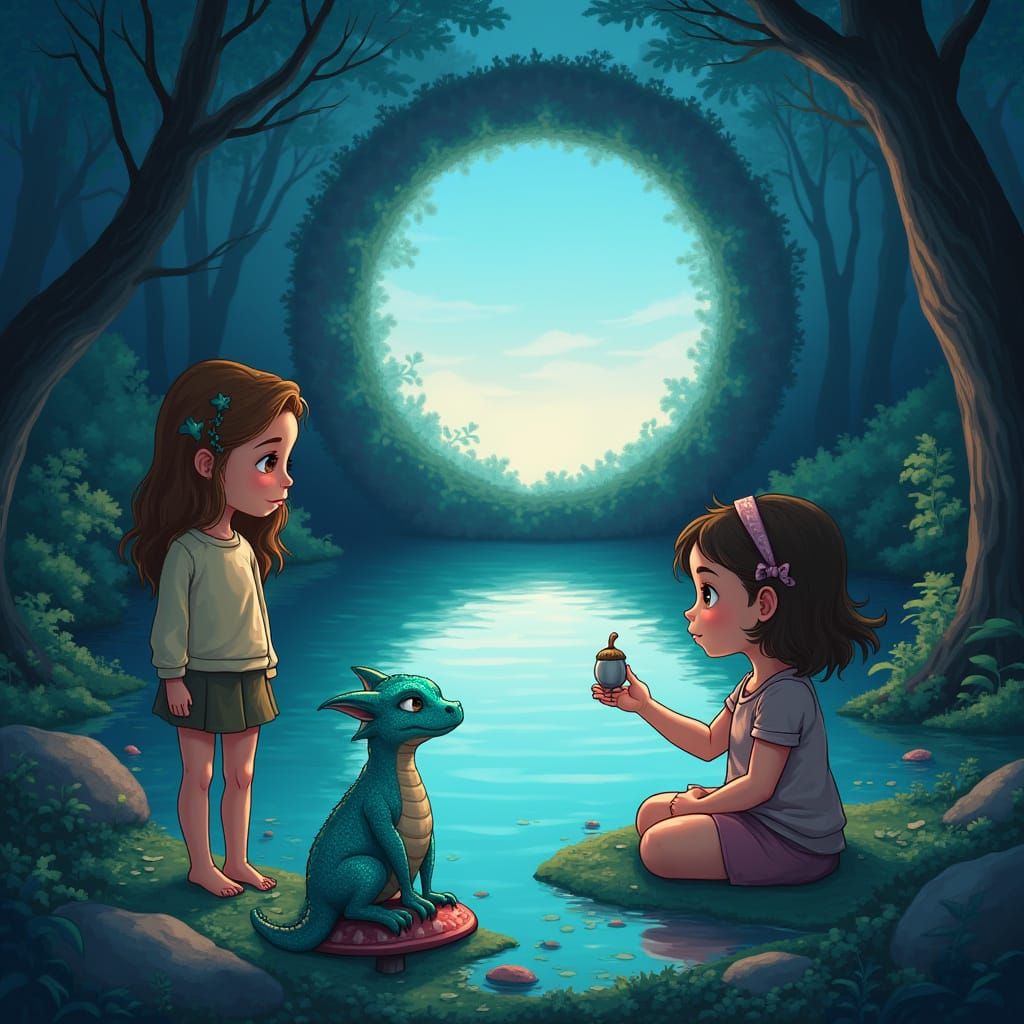 Children Discover Dragon by Glowing Portal