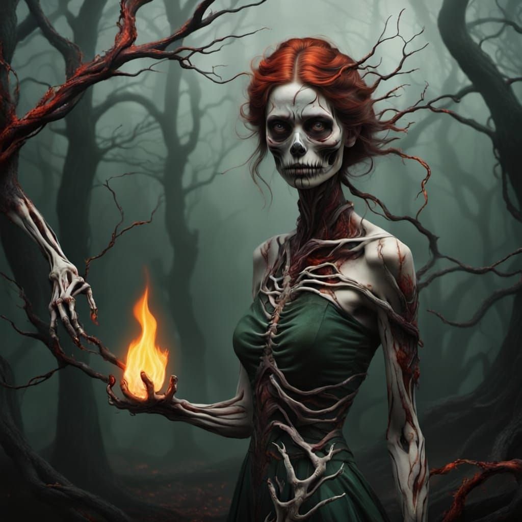 Creepy Woman with Skeletal Features and Fiery Arm