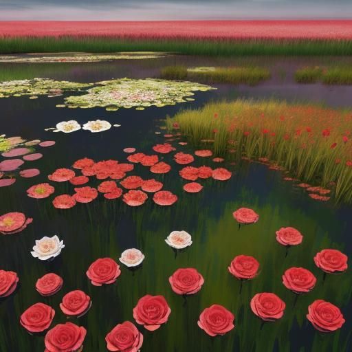 Crimson and White Flowers in a Swamp