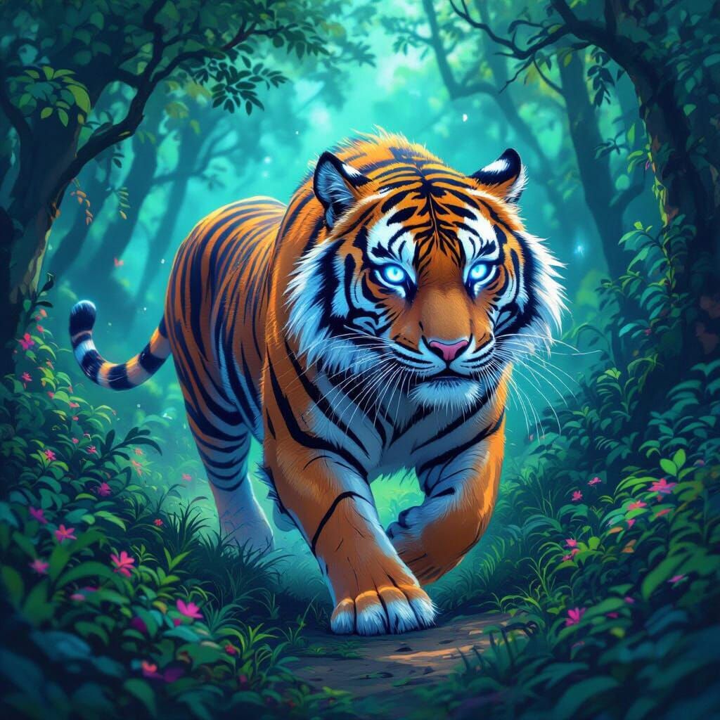 Mystical Tiger Running Through Vibrant Forest