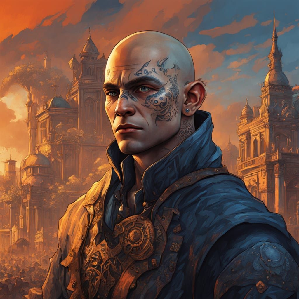 Half-Orc Boy with Tattoos in Vibrant Cityscape