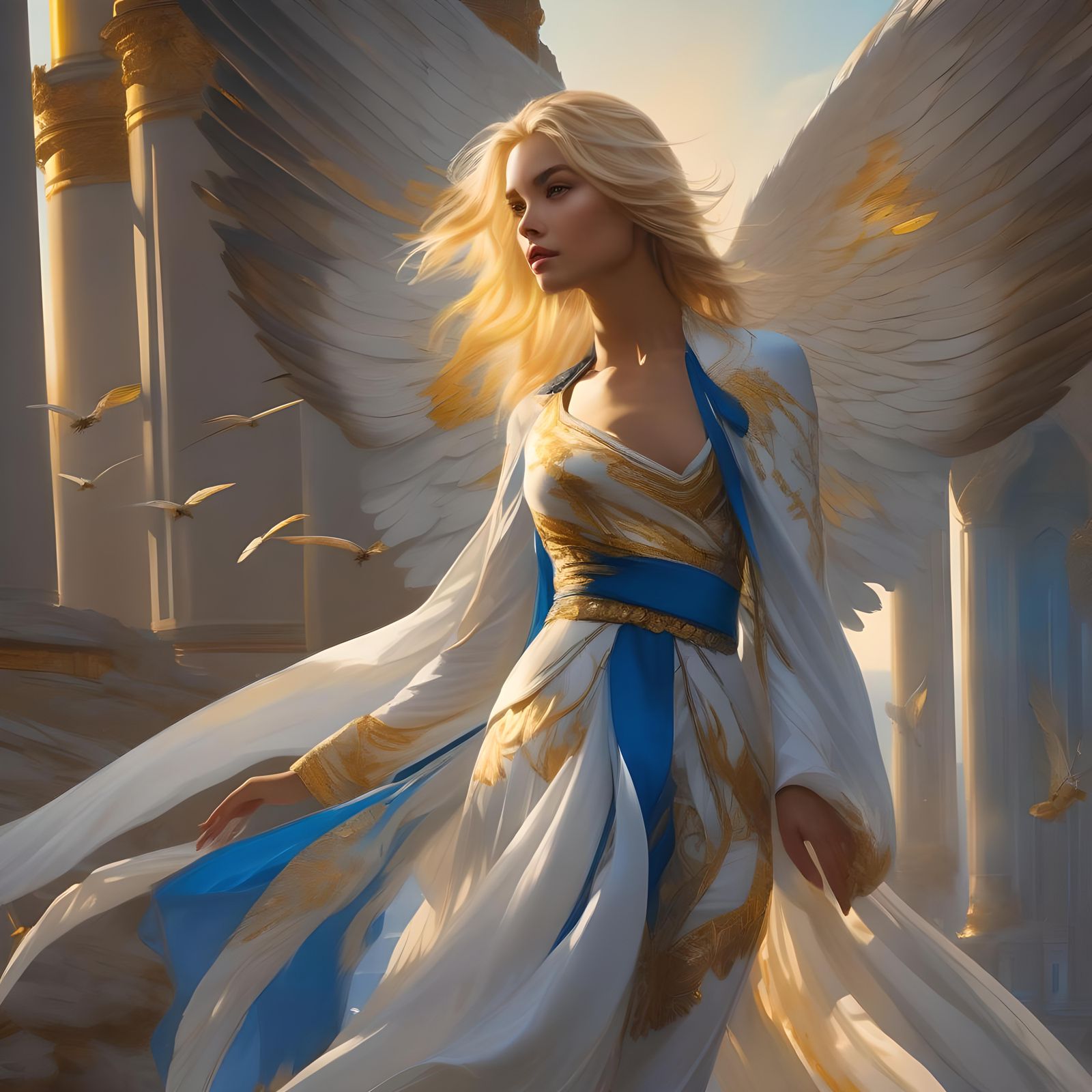 Angelic Woman Flying at Sunset, Splash Art Style