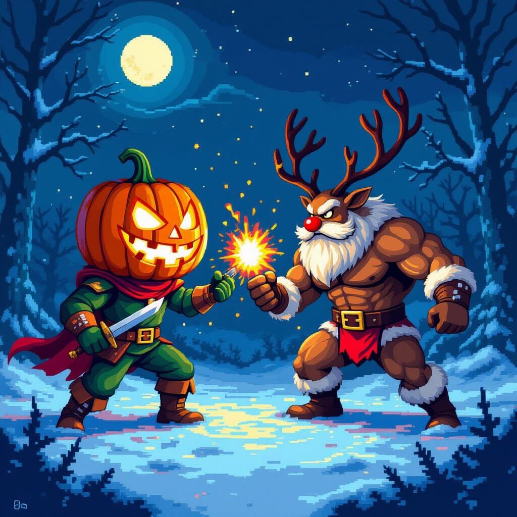 Pixel Art Battle: Pumpknhead vs. Muscular Rudolph