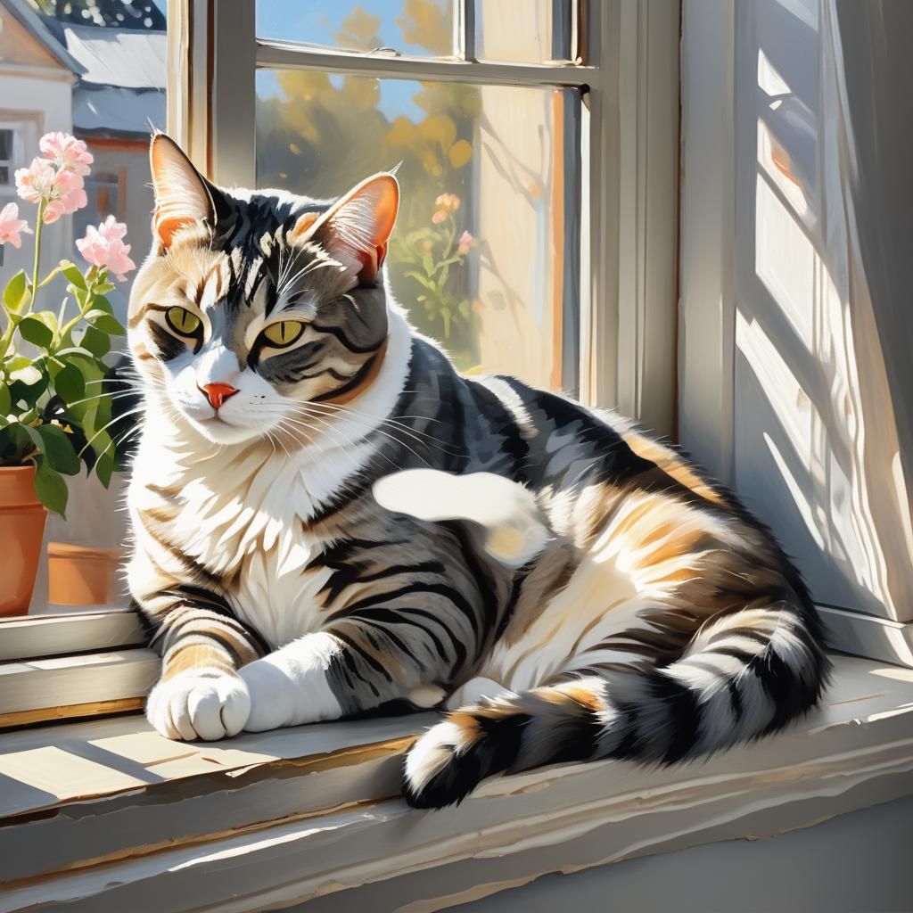 Tabby Cat Napping: Realistic Oil Painting with Soft Lighting