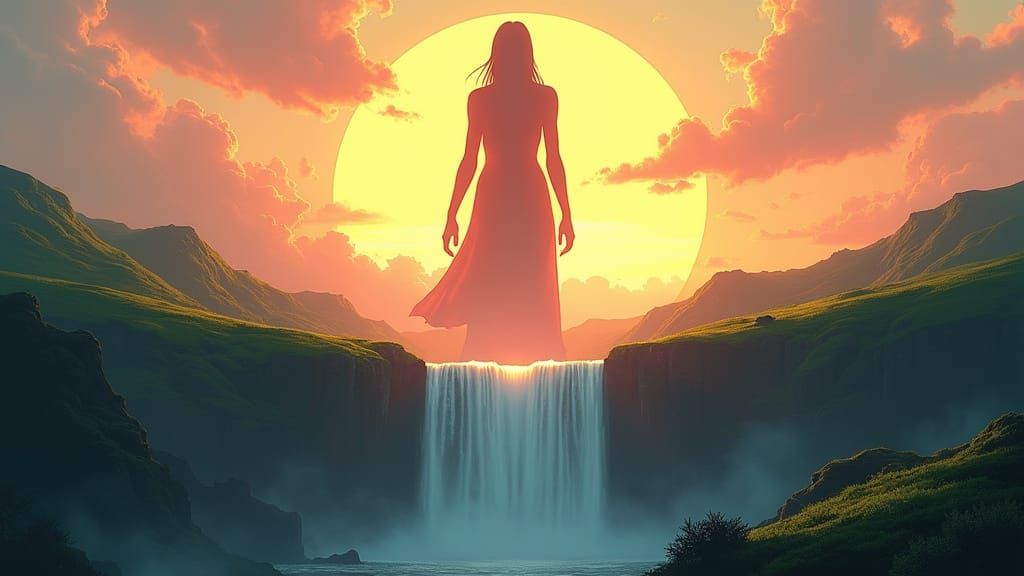 Titanic Deity Overlooks Lush Sunset Landscape