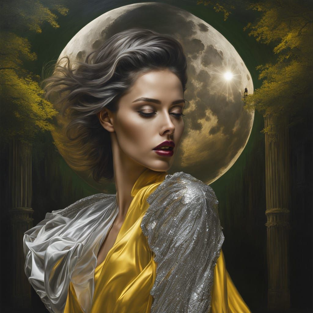 Silver Moon Goddess: Chiaroscuro Elegance in Urban Dreamscap...