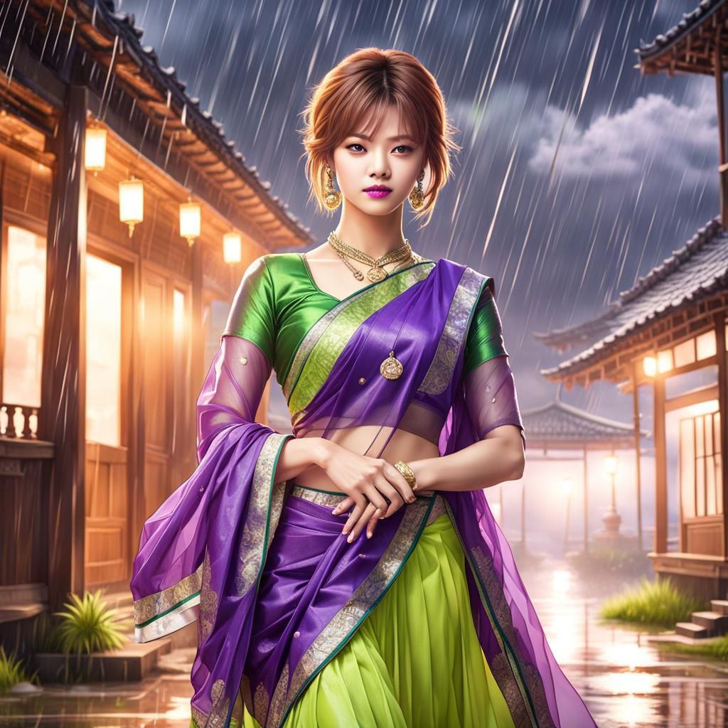 K-Pop Star in Silk Saree in Anime Style