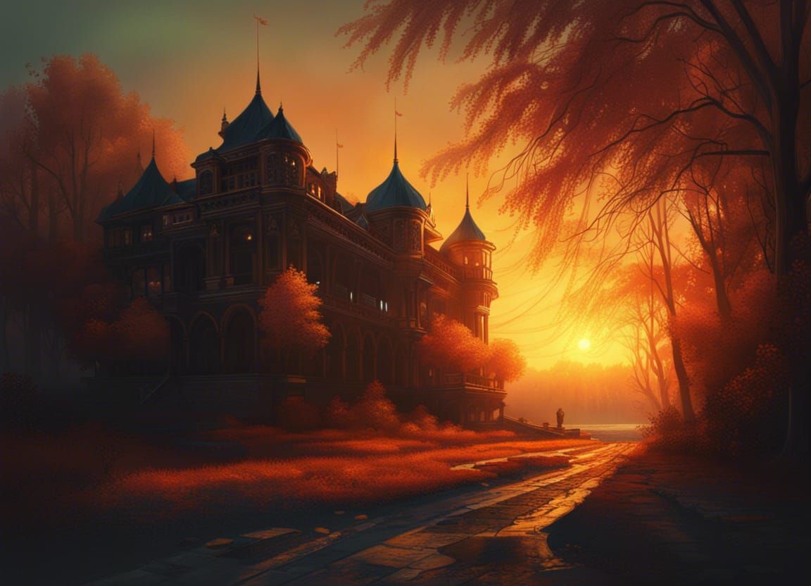 Golden Palace at Sunrise: Matte Painting Style