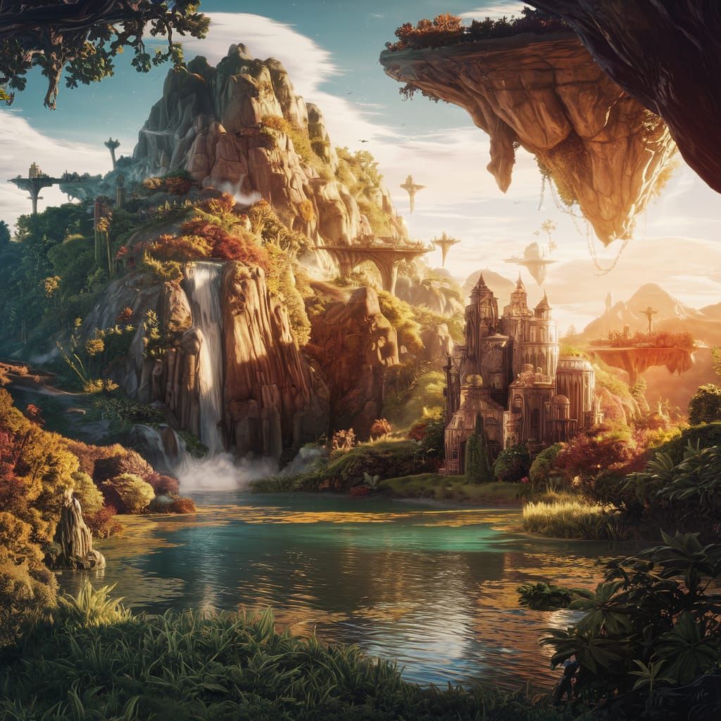 Fantastical Landscape with Floating Islands in Matte Paintin...