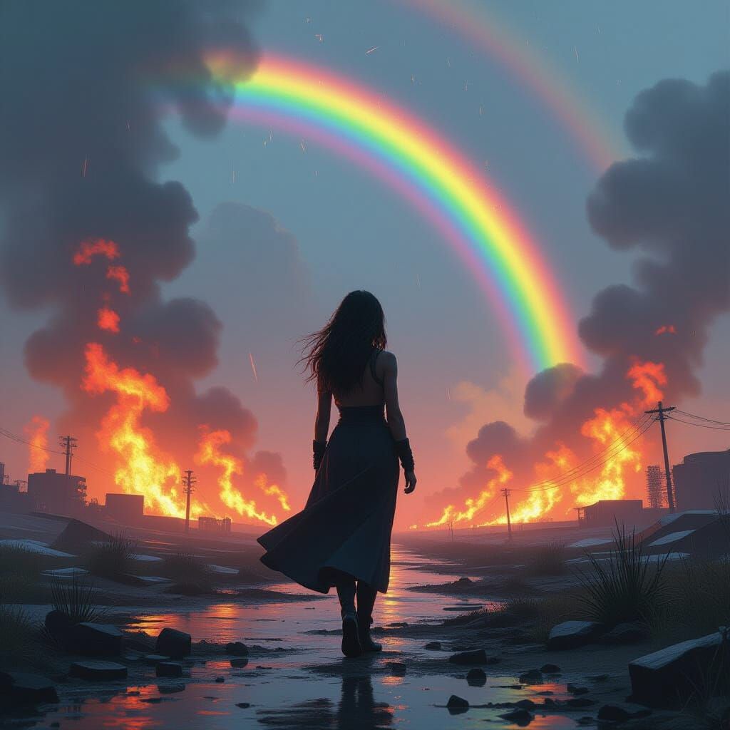 Apocalyptic Rainbow: Woman Amidst Fire in Dystopian Style