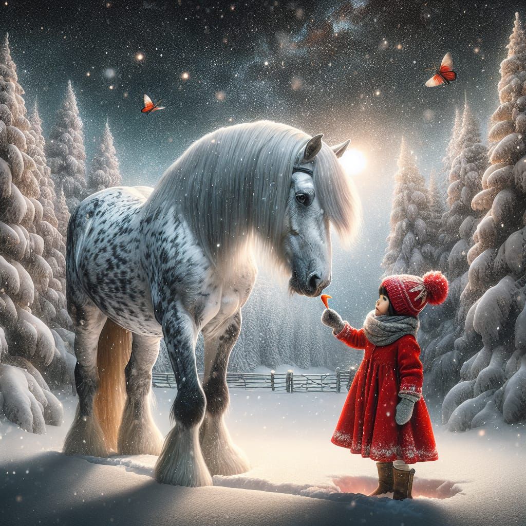 Magical Winter Scene: Girl and Dappled Horse
