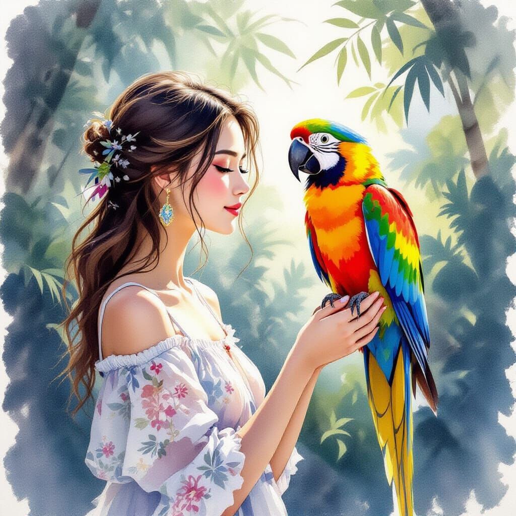Young Woman with Parrot in Chinese Ink Style