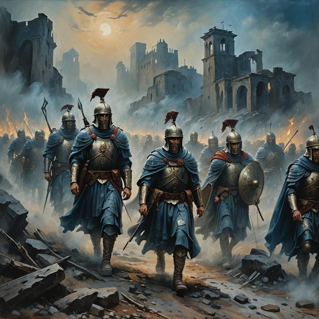 Ghostly Roman Soldiers Marching: Surreal Oil Painting