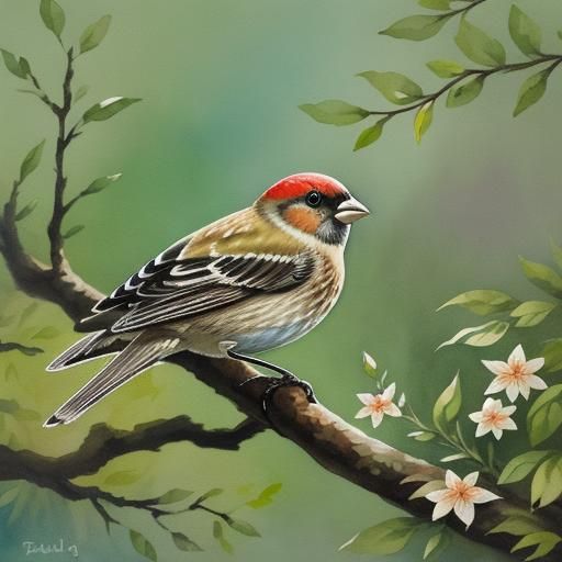 Baby Finch on Branch in Gouache Watercolor