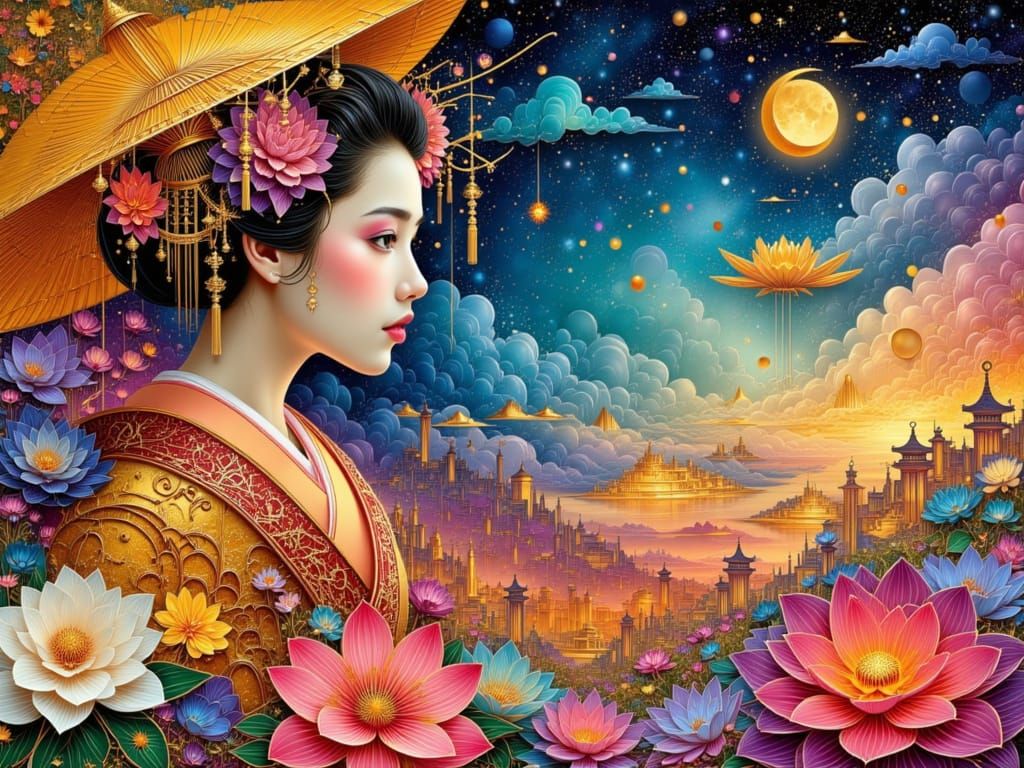 Geisha in Dreamlike Celebration with Quilled Flowers