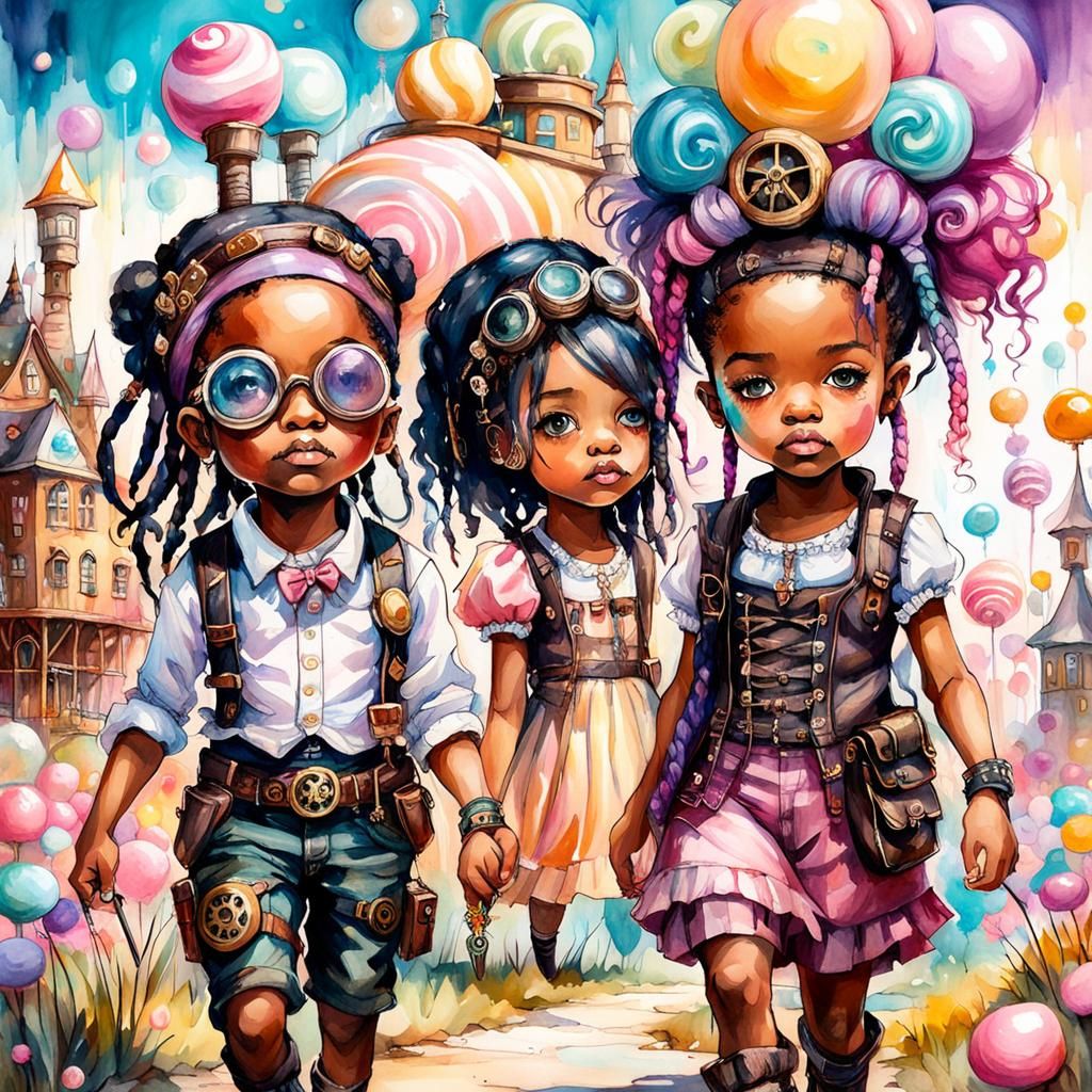 Steampunk Candyland Watercolor Illustration with Chibi Toddl...