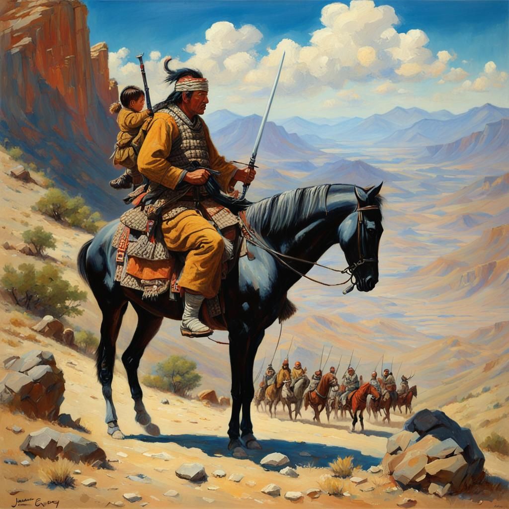 Samurai Family Meal in Desert Landscape
