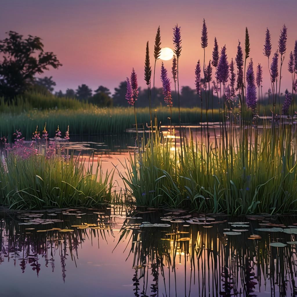 Hyperrealistic Lake Sunset with Moon and Flowers